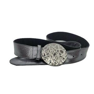 Bebe Women's Genuine Leather Black Belt With Round Silver Embellished Buckle